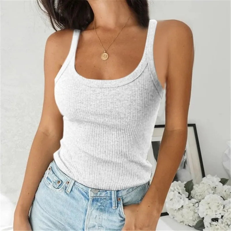 O Neck Summer Knit Vest Sleeveless Women Sexy Basic T Shirt White Off Shoulder Ribbed Black Tank Tops Casual