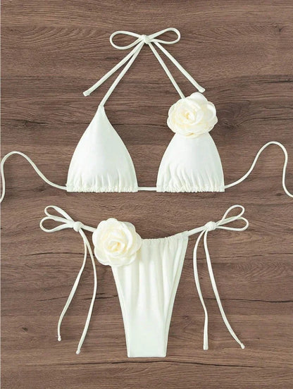 S - L Sexy 3D Flowers Halter Strappy Bikini Women Swimwear Female Swimsuit Two-pieces Bikini Set Bather Bathing Suit Swim