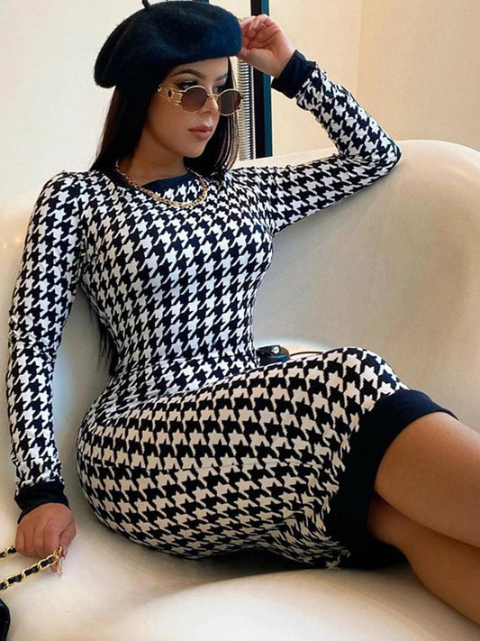 Houndstooth Print Women Long Sleeve Midi Dress Hollow Out Bodycon Sexy Streetwear 2023 Autumn Winter Club Elegant Slim