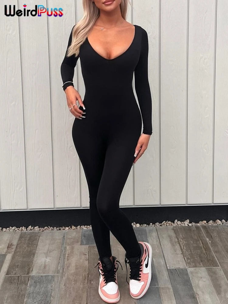 Weird Puss Spring Women Casual Long Sleeve Jumpsuits Stretchy Fitness Skinny Low-Neck Workout Fashion Streetwear Slim Outfits