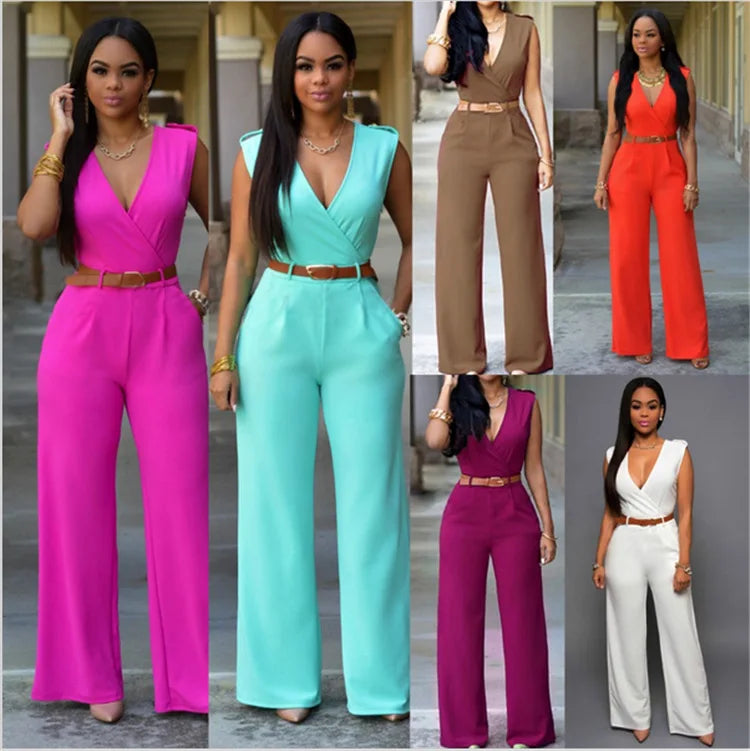 Jumpsuit Women 2023 Sexy Dress   Tall Waist v-neck Irregular wide-legged With Belt Rompers Womens Slim Jumpsuits ZSW2196