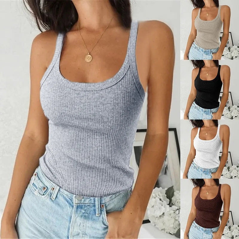 O Neck Summer Knit Vest Sleeveless Women Sexy Basic T Shirt White Off Shoulder Ribbed Black Tank Tops Casual