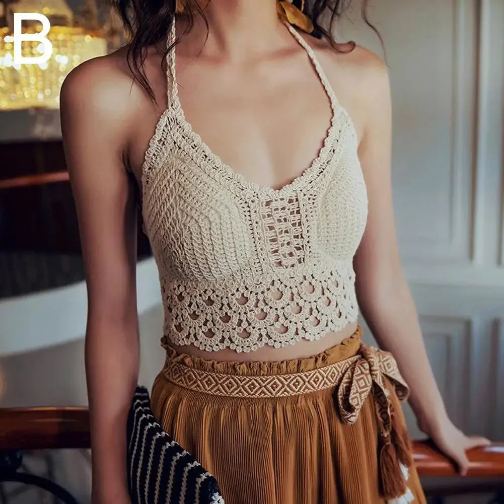 Bohemian Knit Halter Back Embroidery Camisole Women Sleeveless Camis Summer Casual S Knitted T-shirt Vest Top U-ne W8s6