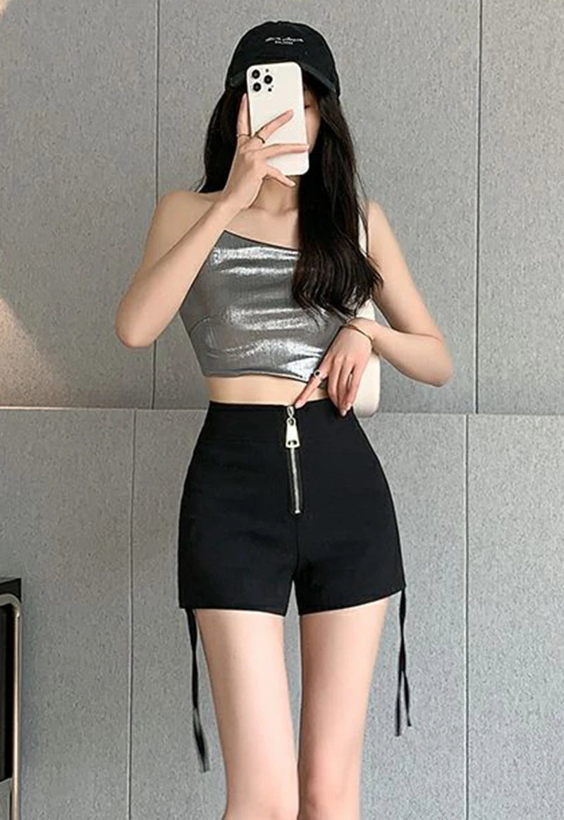 Korean Drawstring Sexy Shorts Women Harajuku Zipper Lace-Up Yoga High Waist Pants Sports Running Skinny Streetwear Shorts