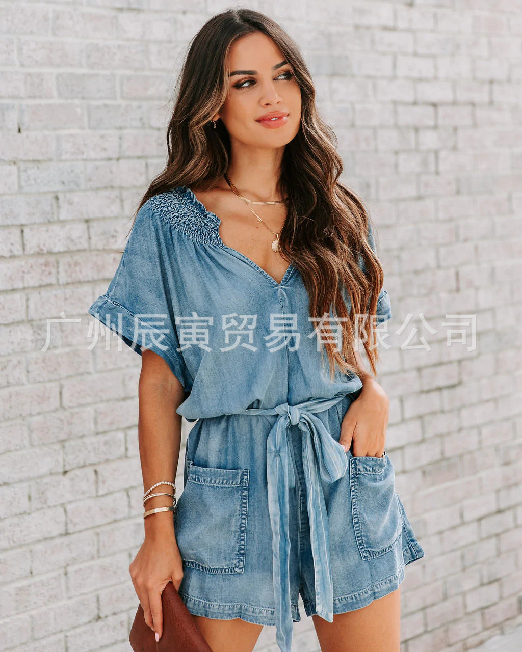 One Piece Jeans Stretch Jumpsuits Women V Neck Short Sleeve Solid Denim Casual Rompers Ladies Lace Up Playsuits Pockets