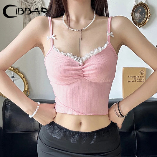 CIBBAR Sweet Fairycore Pink Camis Chic Bow Stitching Lace Sleeveless Cropped Top Women Casual Vest Summer Vintage 2000s Tee Lady