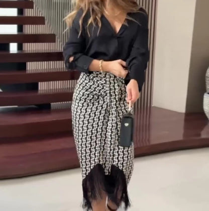 Women Urban Style Suits 2024 Spring/summer Latest Solid Color Temperament Shirt Long Slept Top High Waisted Skirt Two-Piece Set