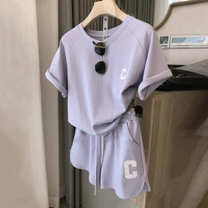 2 Pcs/Set Summer Women Tracksuit Pure Color Letter Print O Neck Top Shorts Set Short Sleeve Drawstring Elastic Waist Lady Outfit