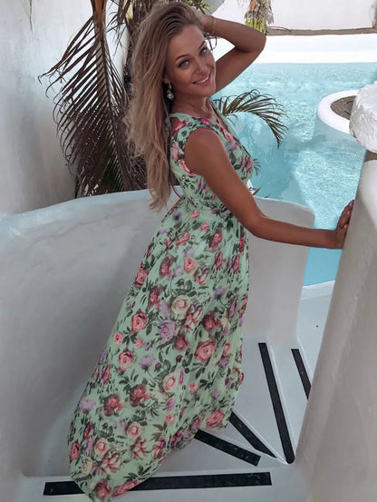 Elegant Boho Flowe Print Split Beach Maxi Dress For Women Sexy V Neck Spaghetti Strap Long Dress Fashion Backless Party Dresses