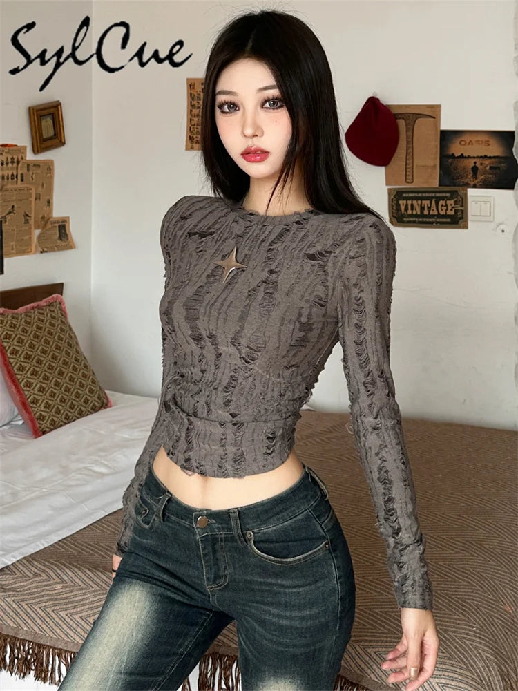 Nibber Vintage Distressed All-match Brown Fashionable Cool Youth Autumn Travel High Street Women Long-sleeved Cropped Mini Top