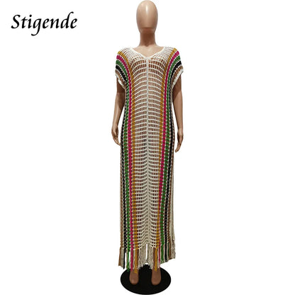 Sexy Side Split Hollow Out Tassels Dress Women Summer Knit Cover Up Swimwear Fashion Multi Color Patchwork Crochet Beach Dress