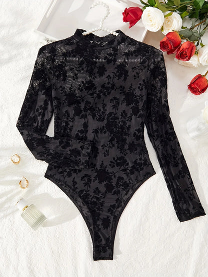 Hot Solid Jacquard Teddy, Long Sleeve Bodysuit, Women's Sexy Lingerie & Underwear - Bodystocking Stocking