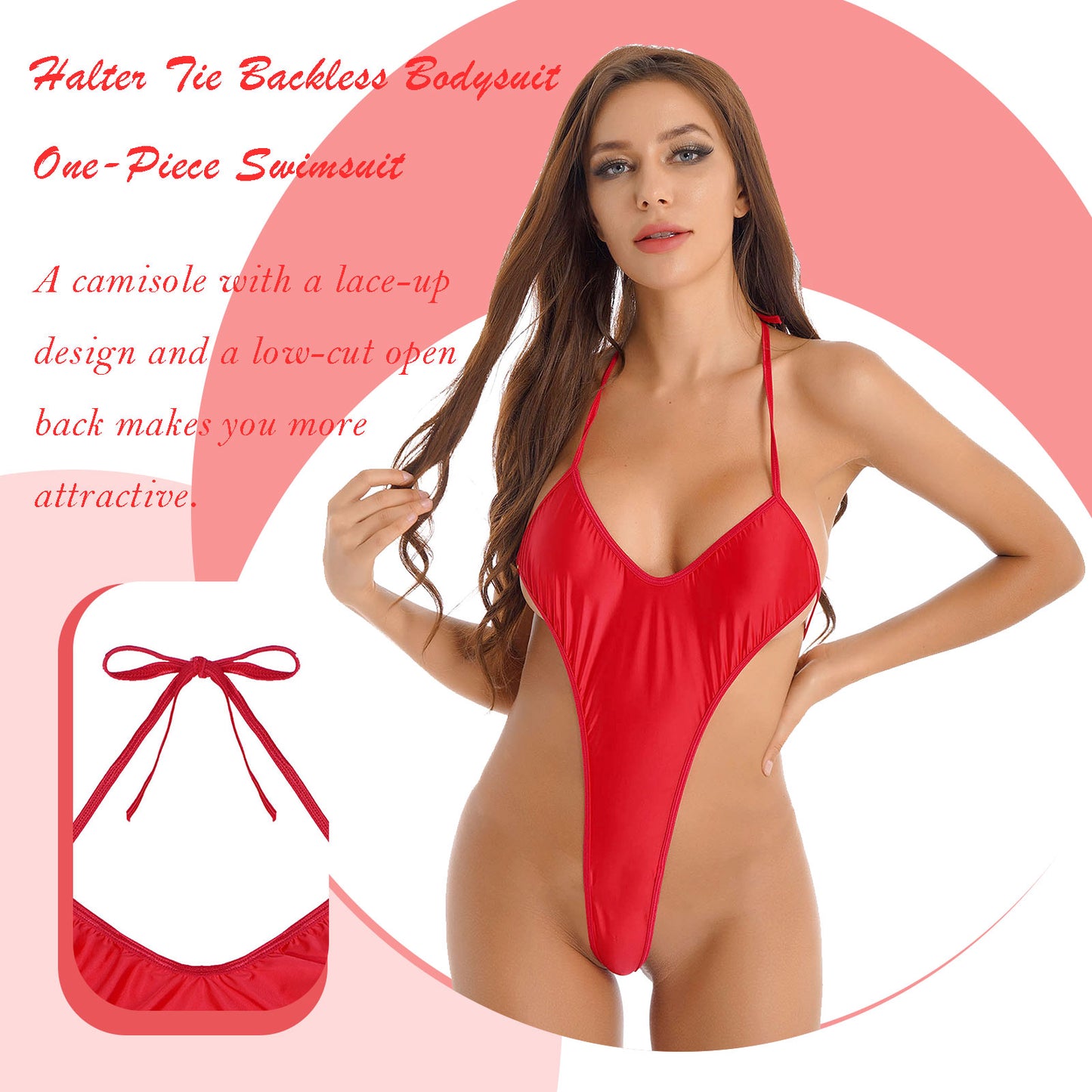 Women's Bikinis Glossy Monokini One Piece Bathing Suit Halter Lace-Up Thong Bodysuit Backless Teddy Babydoll Lingerie Nightwear