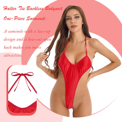 Women's Bikinis Glossy Monokini One Piece Bathing Suit Halter Lace-Up Thong Bodysuit Backless Teddy Babydoll Lingerie Nightwear