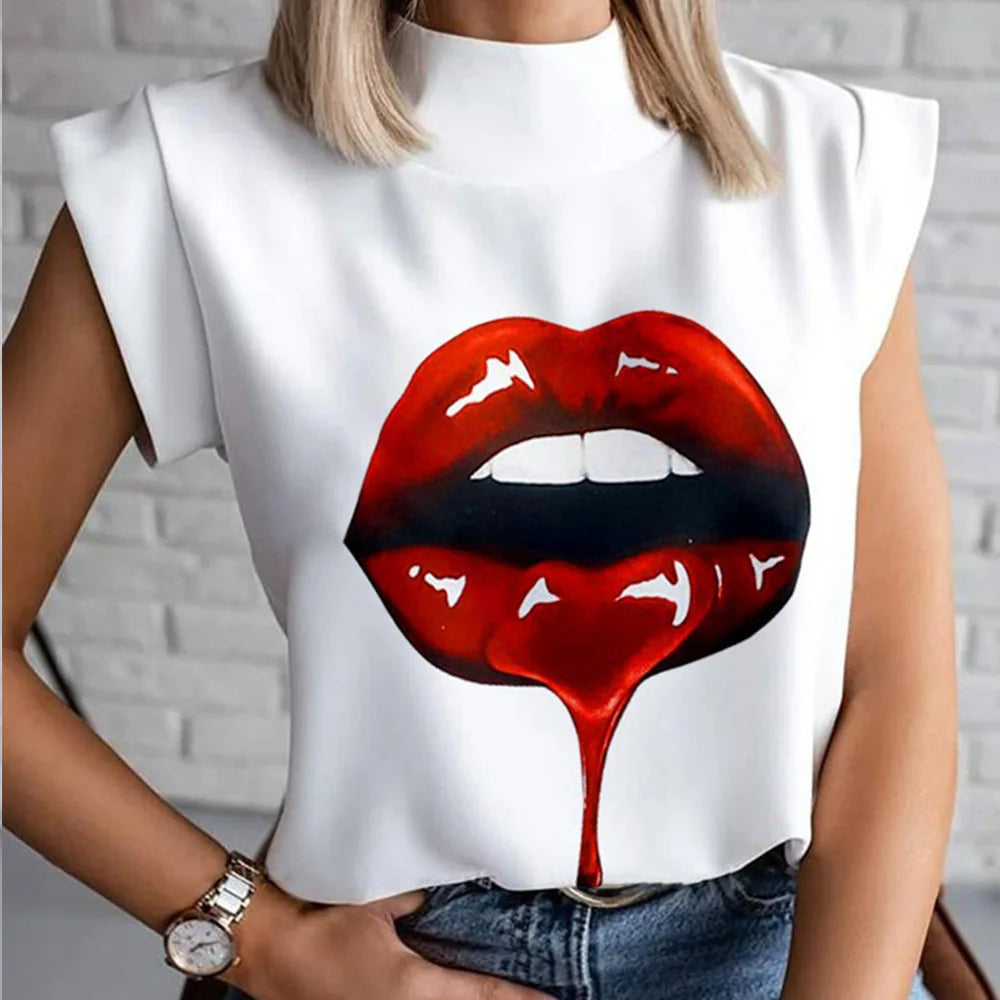 Fashion Women Elegant Lips Print Tops and Blouse Shirts 2024 Summer Ladies Office Casual Stand Neck Pullovers Eye Blusa Tops