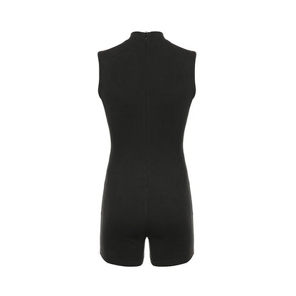 Black Playsuits Women Summer Fashion Bodycon Sleeveless Turtleneck Solid Rompers Casual Streetwear Sexy Sports Fitness Overall