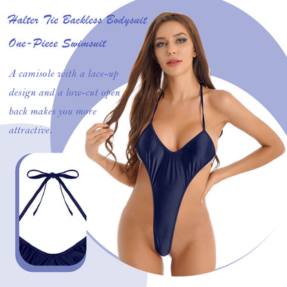 Women's Bikinis Glossy Monokini One Piece Bathing Suit Halter Lace-Up Thong Bodysuit Backless Teddy Babydoll Lingerie Nightwear