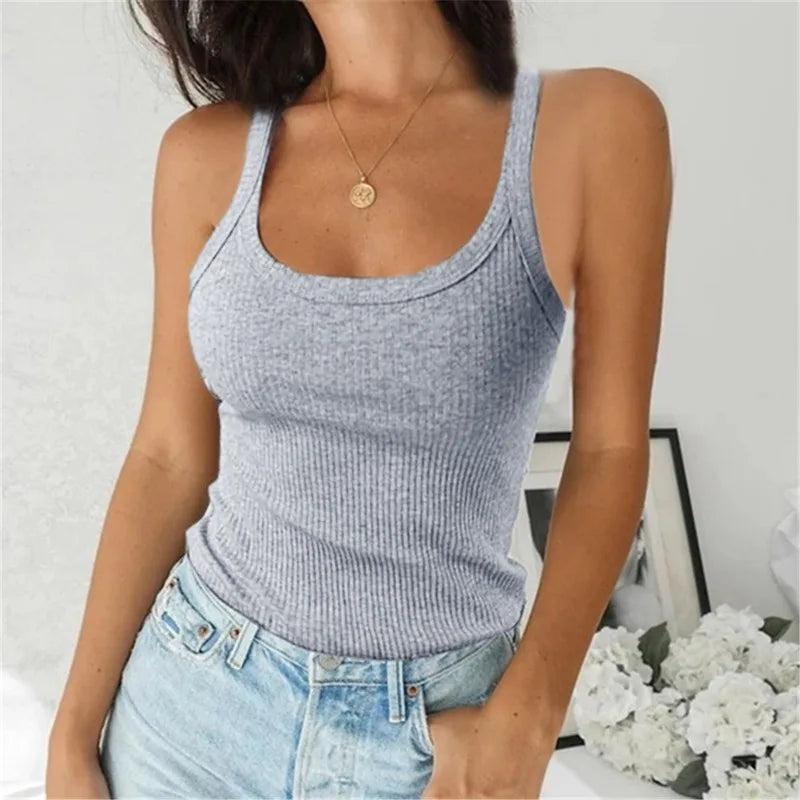 O Neck Summer Knit Vest Sleeveless Women Sexy Basic T Shirt White Off Shoulder Ribbed Black Tank Tops Casual