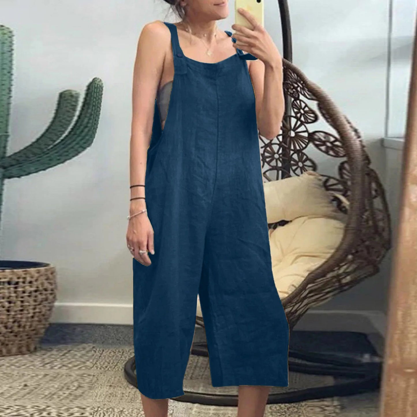 Women's Summer Jumpsuits Linen Overalls Casual Suspender Rompers Solid Wide Leg Pants Ladies Short Pants Buttons With Pocket