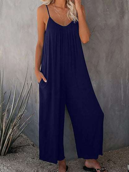 Loose Wide Leg American Jumpsuit Women Suspender Summer New Pockets Pants Casual Strap Female Solid Straight Seaside Clothing