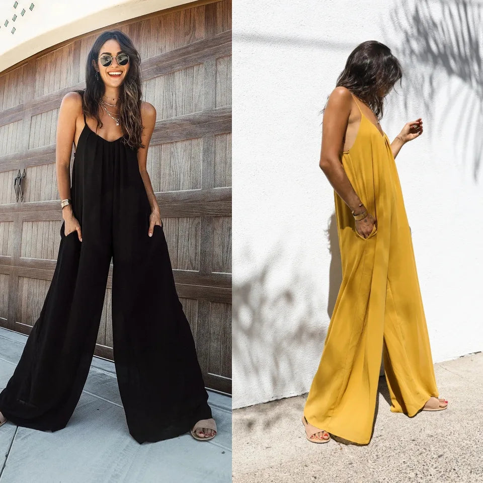 Loose Wide Leg American Jumpsuit Women Suspender Summer New Pockets Pants Casual Strap Female Solid Straight Seaside Clothing