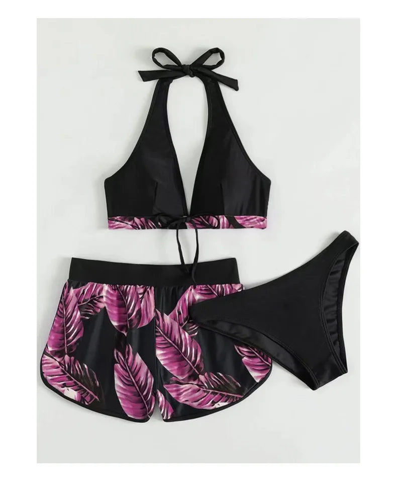 Women 2024 New Bikinis 6 Colors Sexy Halter Bikini 3 Piece Set Leafs Print High Waisted Swimsuit Beach Bathing Suit Size S-XXL