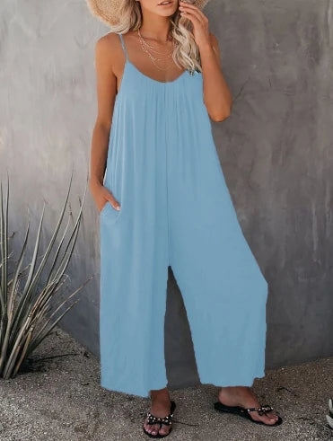 Loose Wide Leg American Jumpsuit Women Suspender Summer New Pockets Pants Casual Strap Female Solid Straight Seaside Clothing