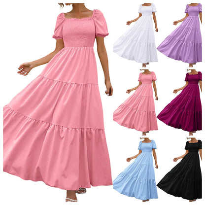 Women's Boho Loose Long Dress Crew Neck Short Sleeve Ruffle Hem A Line Flowy Maxi Dresses Female Summer Casual Holiday Dress