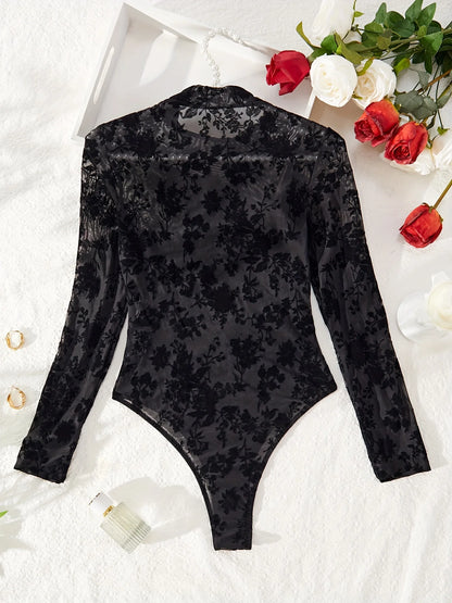 Hot Solid Jacquard Teddy, Long Sleeve Bodysuit, Women's Sexy Lingerie & Underwear - Bodystocking Stocking