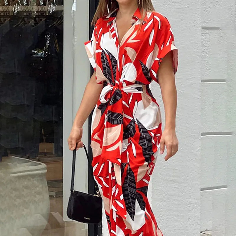 Women's summer new short-sleeved temperament commuter high-waisted printed long dress