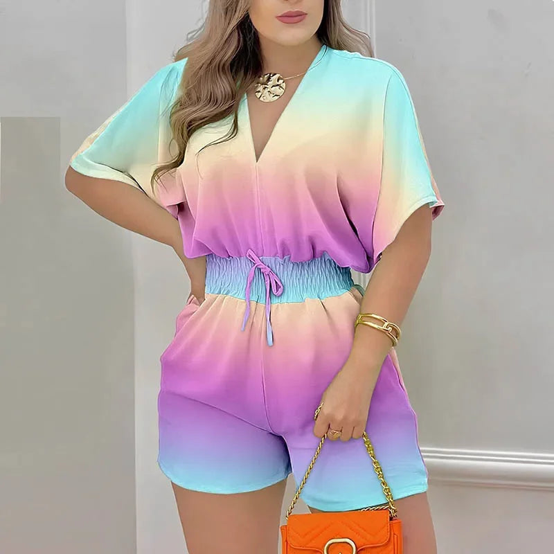 Women Elegant Sexy V Neck Romper Summer Casual short sleeve Playsuits 2023 Lady Fashion printed Elastic waist One Piece Overalls