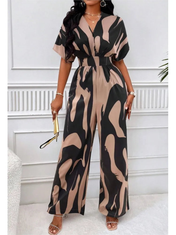 Sexy sleeveless women's V-neck jumpsuit, elegant suit with tight fitting print, one-piece, suitable for spring/summer 2024