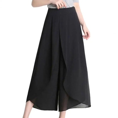 Women Skirt Pants See-through Chiffon Double Layers Split Hem High Elastic Waist Loose Wide Leg Mid-calf Length Cropped Pants