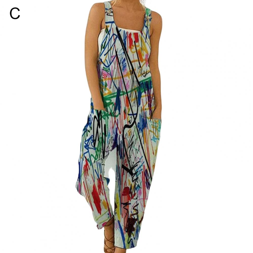 New Women Romper Soft Fabric Easy to Match Square Neck Grafitto Print Sleeveless Lady Jumpsuit Women Clothes