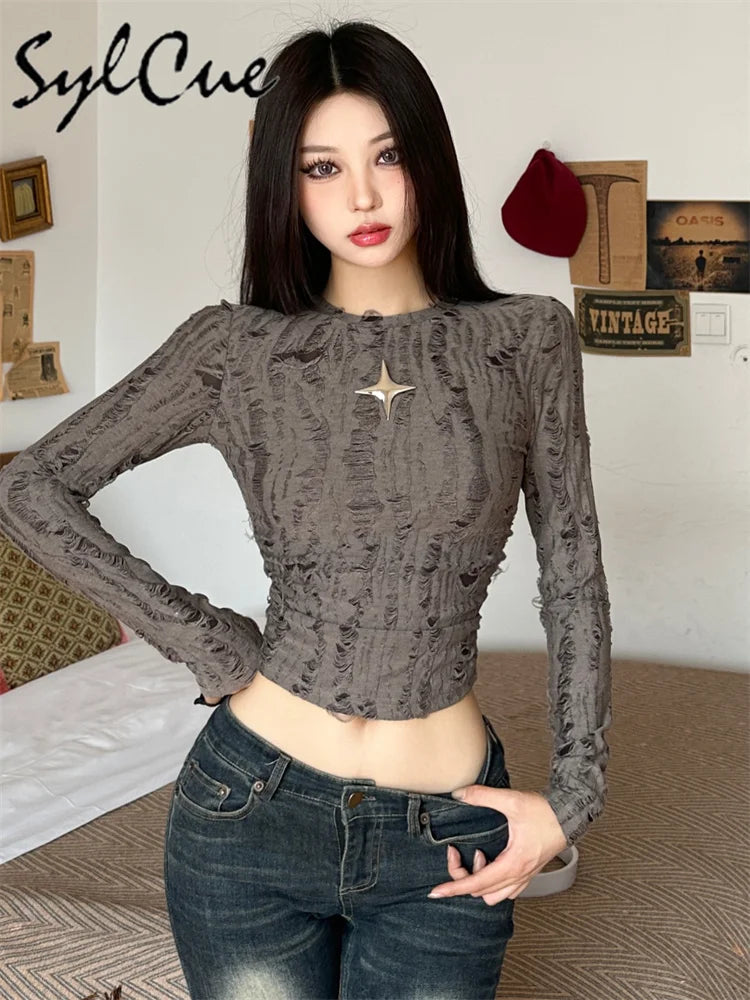 Nibber Vintage Distressed All-match Brown Fashionable Cool Youth Autumn Travel High Street Women Long-sleeved Cropped Mini Top