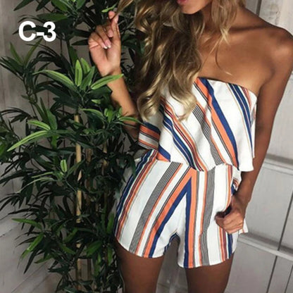 Women's beach jumpsuit 2024 summer street fashion striped V-neck printed loose jumpsuit with suspender skirt