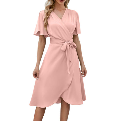 Spaghetti Elegant Ladies Dresses Summer Sale Satin V Neck Slim Waist Dress Bell Sleeve Summer Dresses For Women Plus Size