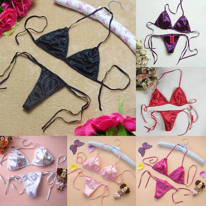 Sexy Lingerie Set Womens Satin Silk Thong Underwear Bra Panties T-back Lace Up Top Briefs Bikini Beach Swimming Bathing Suit