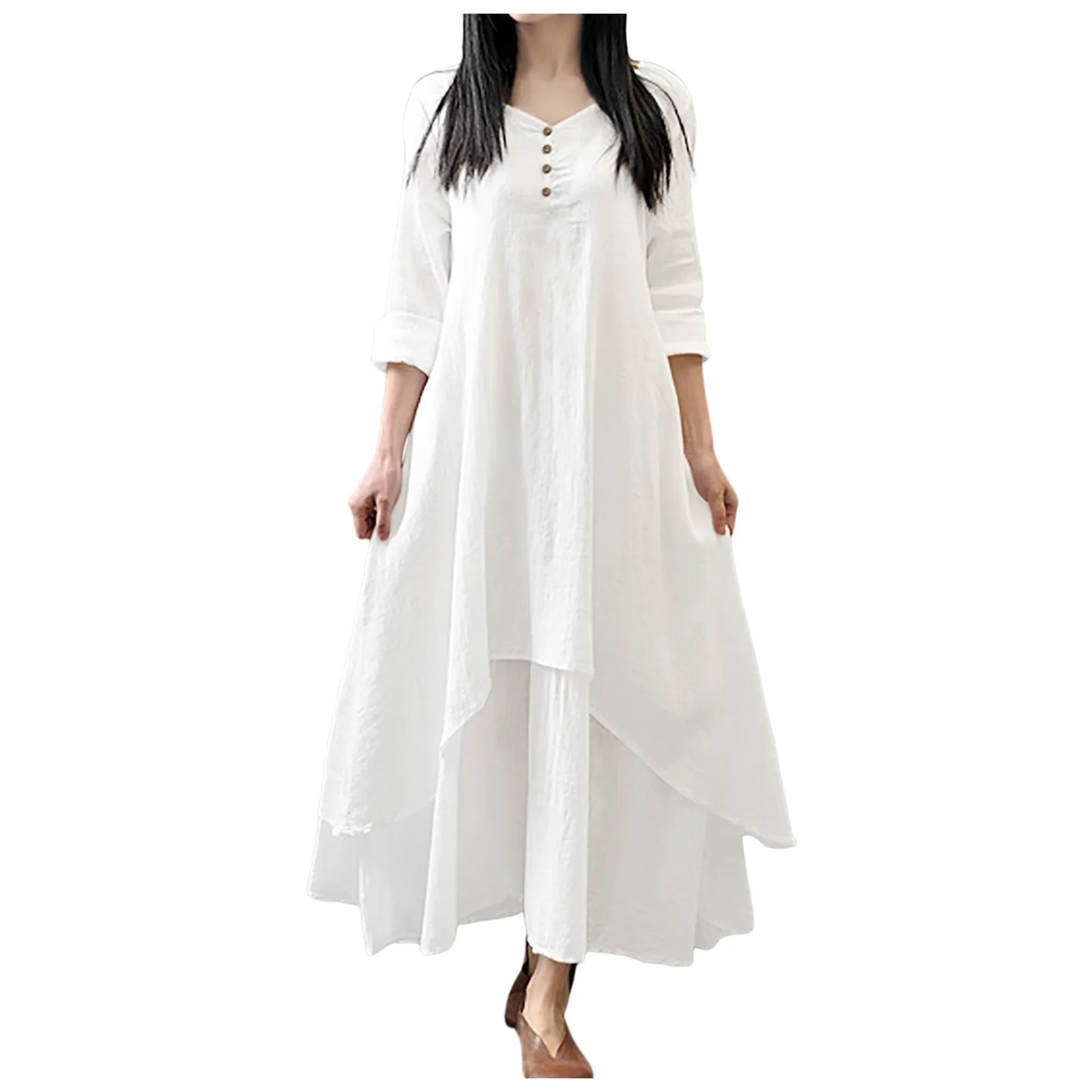 Women Cotton Linen Chic Maxi Dresses Elegant Bohemia Layered Vintage Robe Long Sleeve Loose Dress O Neck Casual White Vestidos