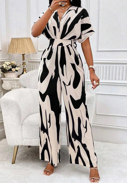 Sexy sleeveless women's V-neck jumpsuit, elegant suit with tight fitting print, one-piece, suitable for spring/summer 2024