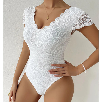 Womens Embroidery Floral Contrast Lace Teddy Bodysuit Sexy V Neck Backless Elegant Bodysuits Y2K Night Club Party Leotards Tops