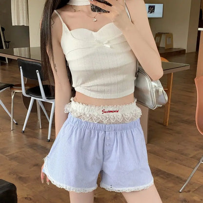 Sexy Cute Summer Striped Shorts Blue Pink Button Elastic Waist Shorts Lolita Lace Leggings For Women Girl