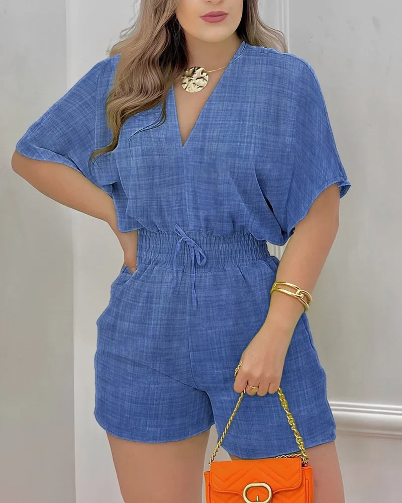 Women Elegant Sexy V Neck Romper Summer Casual short sleeve Playsuits 2023 Lady Fashion printed Elastic waist One Piece Overalls