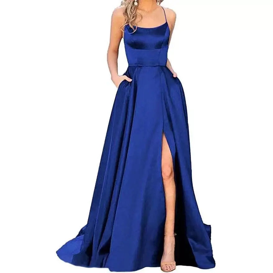 Women's Banquet Slit Long Dress 2024 New Bridesmaid Dress With Small Tail Suspender Solid Color Banquet Evening Dress Long Dress