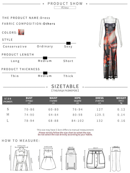 kliou Mesh Building Print Long Dress Women Sexy Sheer Spaghetti Strap Low Neck Splite Backless Body-shaping Robe Female Clubwear