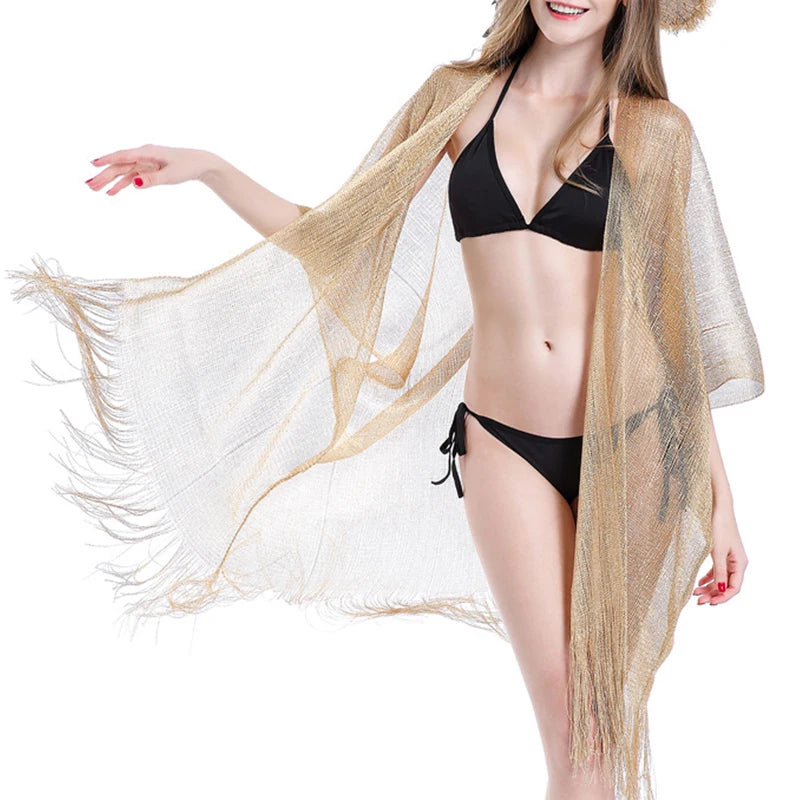 2023 Swimsuit Cover-ups  Fashion Tassel Gold Bikini Beach Cover Up Sexy Beach Dress Tunics for Women Summer Wear See Through