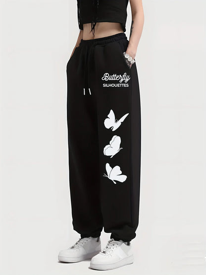 Butterfly Letter Printing Women's Elastic Waist Pants Jogger Fleece Drawstring Long Pant Fashion Casual Female Sports Sweatpants