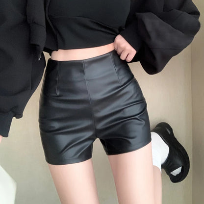 Leather Shorts Black Y2k Shorts Women's Spring and Summer High Waist Bag Hip Sexy Pu Leather Bottoming Elastic Tight Shorts