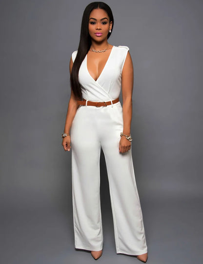 Jumpsuit Women 2023 Sexy Dress   Tall Waist v-neck Irregular wide-legged With Belt Rompers Womens Slim Jumpsuits ZSW2196