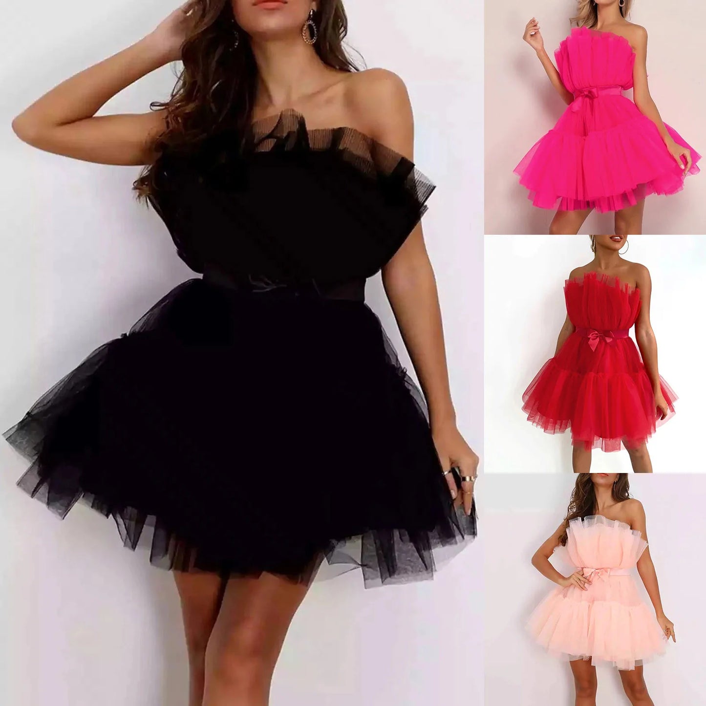 Evening Mini Dress For Women Elegant Sexy Sleeveless Dresses Gauze Lady Loose Black Club Vestidos Mujer Party Dress Summer 2024